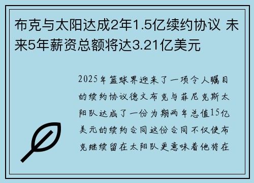 布克与太阳达成2年1.5亿续约协议 未来5年薪资总额将达3.21亿美元